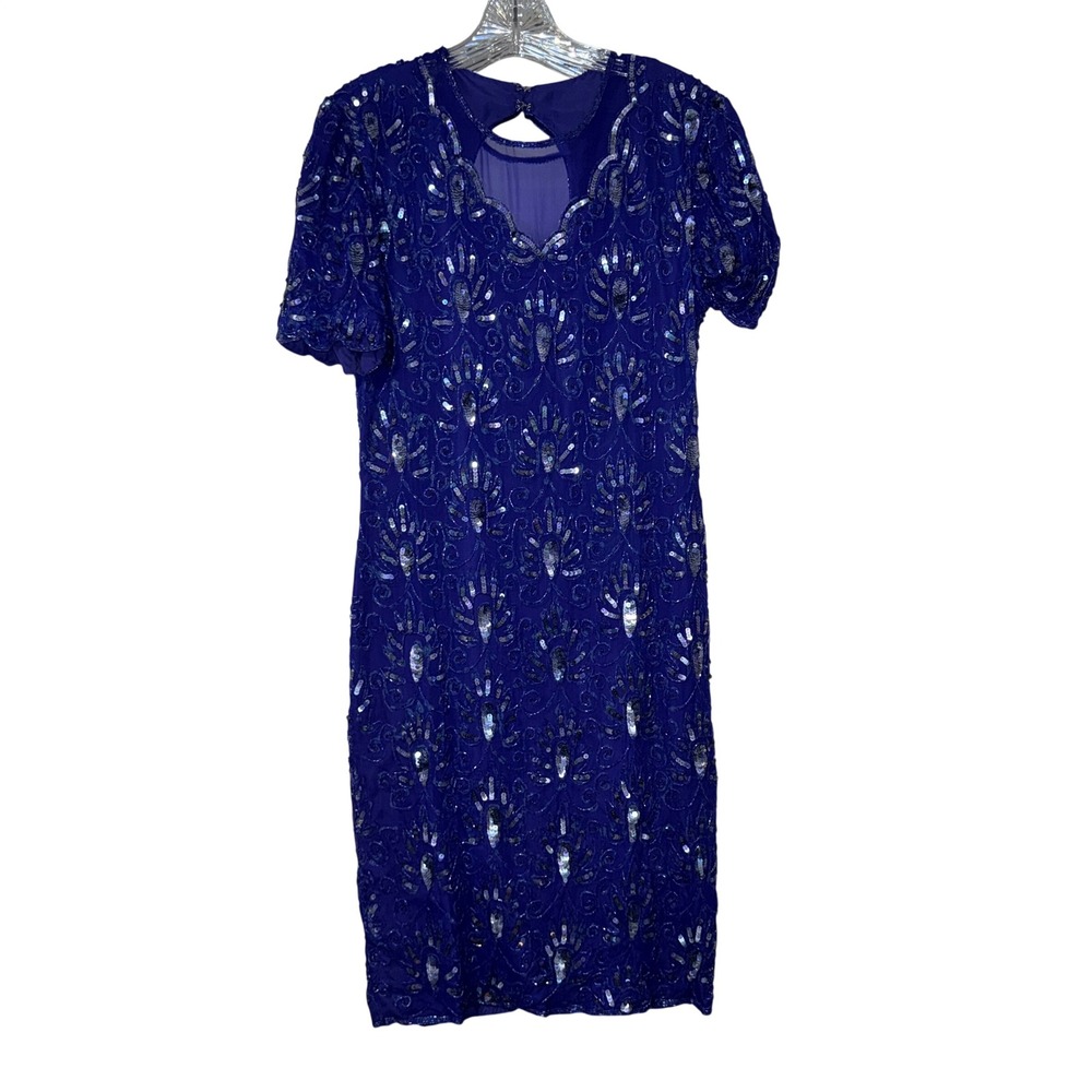 Vintage‎ Stenay Beaded Silk Cocktail Dress Womens M Royal Blue Sequin Art Deco
